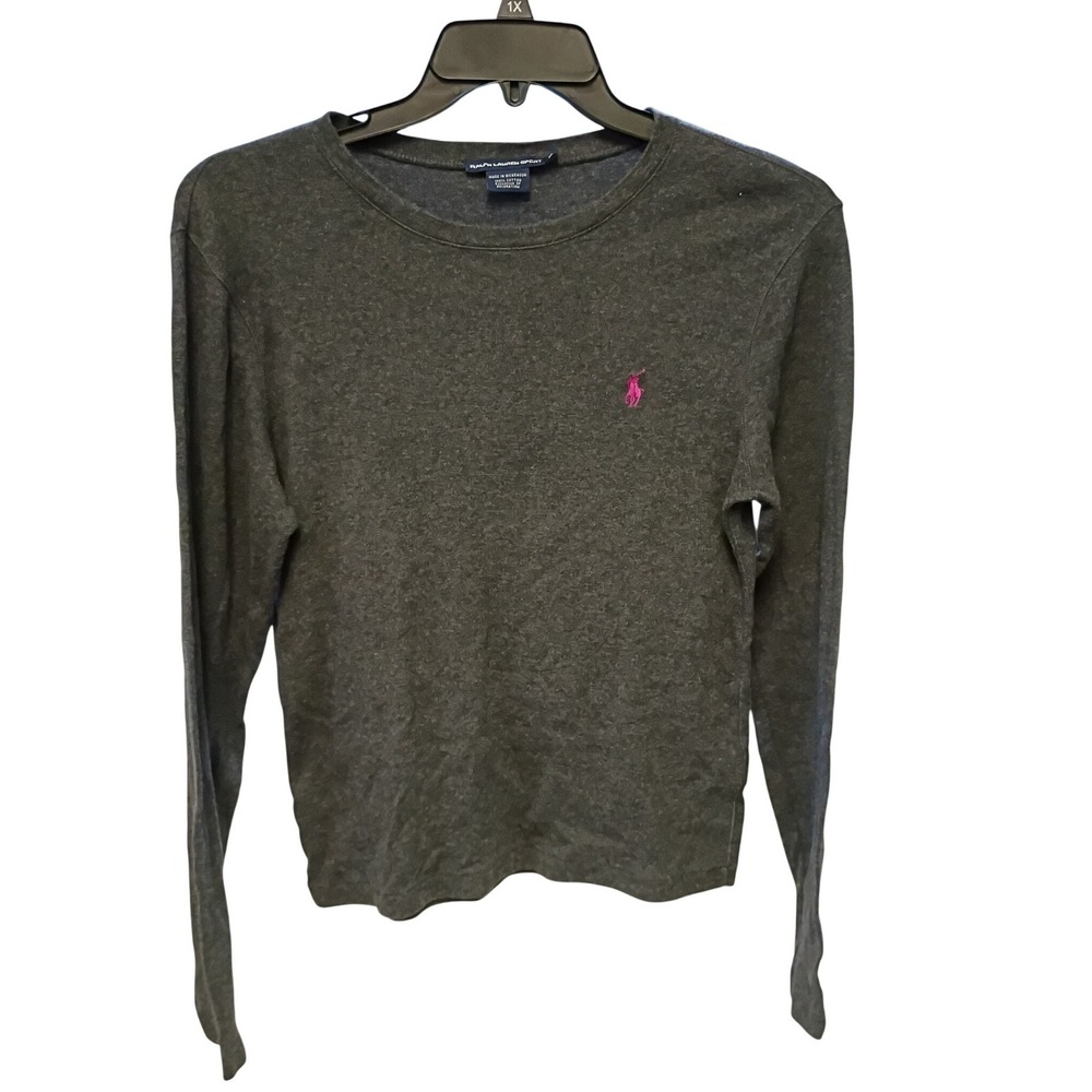 Ralph Lauren Sport Womens XL Charcoal Gray Pink Pony Long Sleeve Cotton T-Shirt